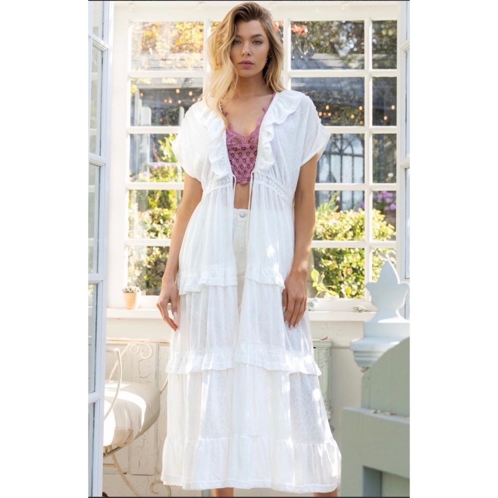 POL White Sheer Tiered Ruffle Maxi Cover-Up with Pink Crochet Bralette